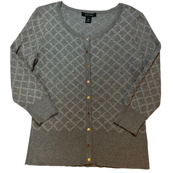 White House Black Market Sweaters - WHBM Size Medium Argyle Silver Gold Cardigan Crew Neck Christmas Holiday Classic